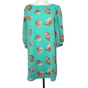 Everly Teal Green Floral Print 3/4 Sleeve Shift Dress Large